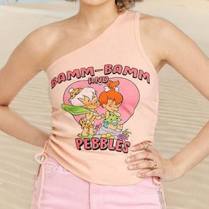 The Flintstones, Pink, Size XS, One-Shoulder BAMM BAMM & PEBBLES Tank Top Shirt